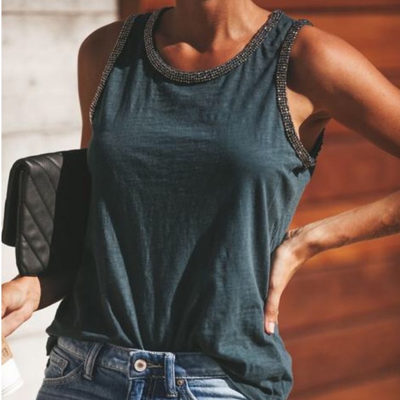 Dark Teal Glimmer Embellished Tank- Vici - Picture 1 of 6
